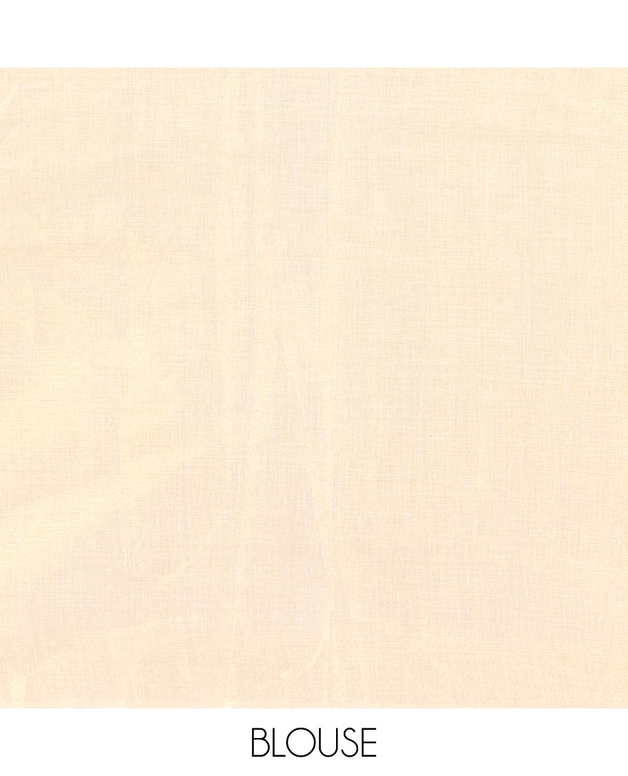 Gold-Mustard Kerala Cotton Saree Subtly Sparked with Handblock-Printed Flora-Fauna-Architecture Motifs, Featuring a Self Pallu with Matching Flora-Fauna-Architecture Handblock Prints, Paired with a Matching Plain Blouse.