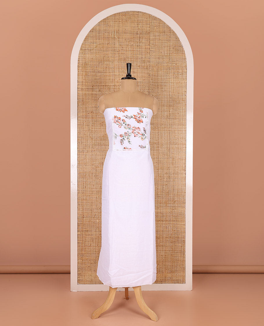 White-orange material chudidar set, floral vine printed with orginal mirror work Vichitra silk top, a matching bottom, and a floral vine printed georgette dupatta