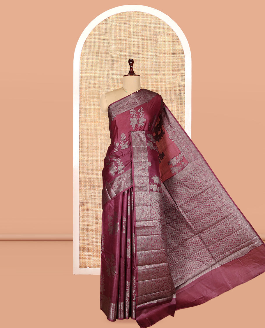 Maroon Tusser Silk Saree, Enriched with Floral Zari Buttas, a Zari Border, Intricate Pallu, and a Matching Blouse