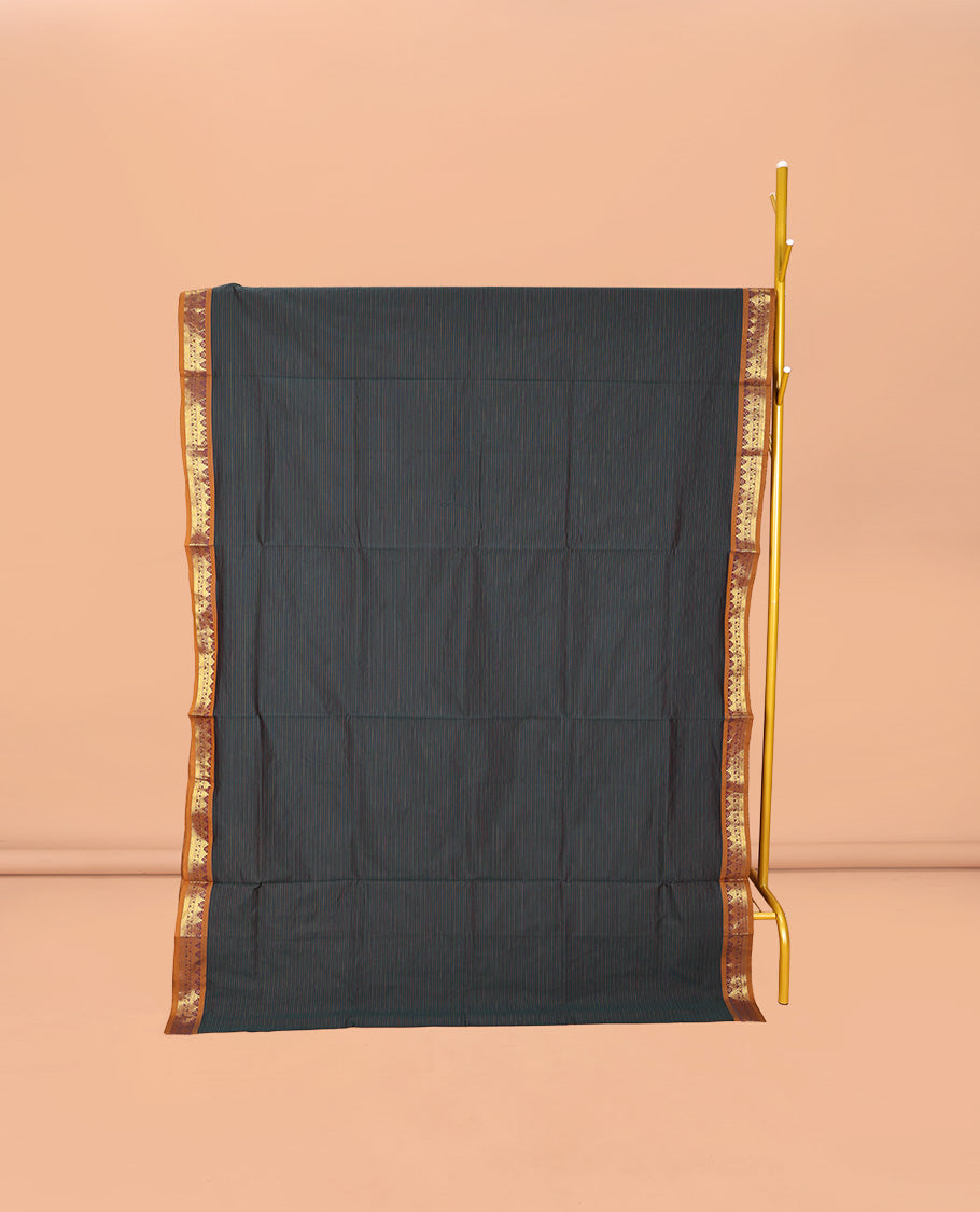 Black Textured Poly Cotton Saree, Complemented by Contrast Traditional Zari Design Border, Pallu of Stripes, and Paired with a Contrast Blouse
