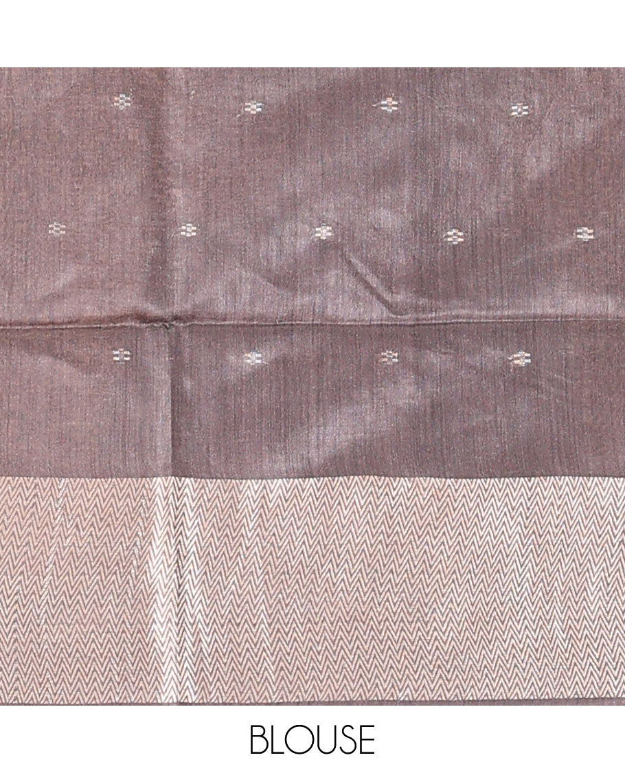 Grey zari buttas dupion saree, chevron striped border, and striped pallu