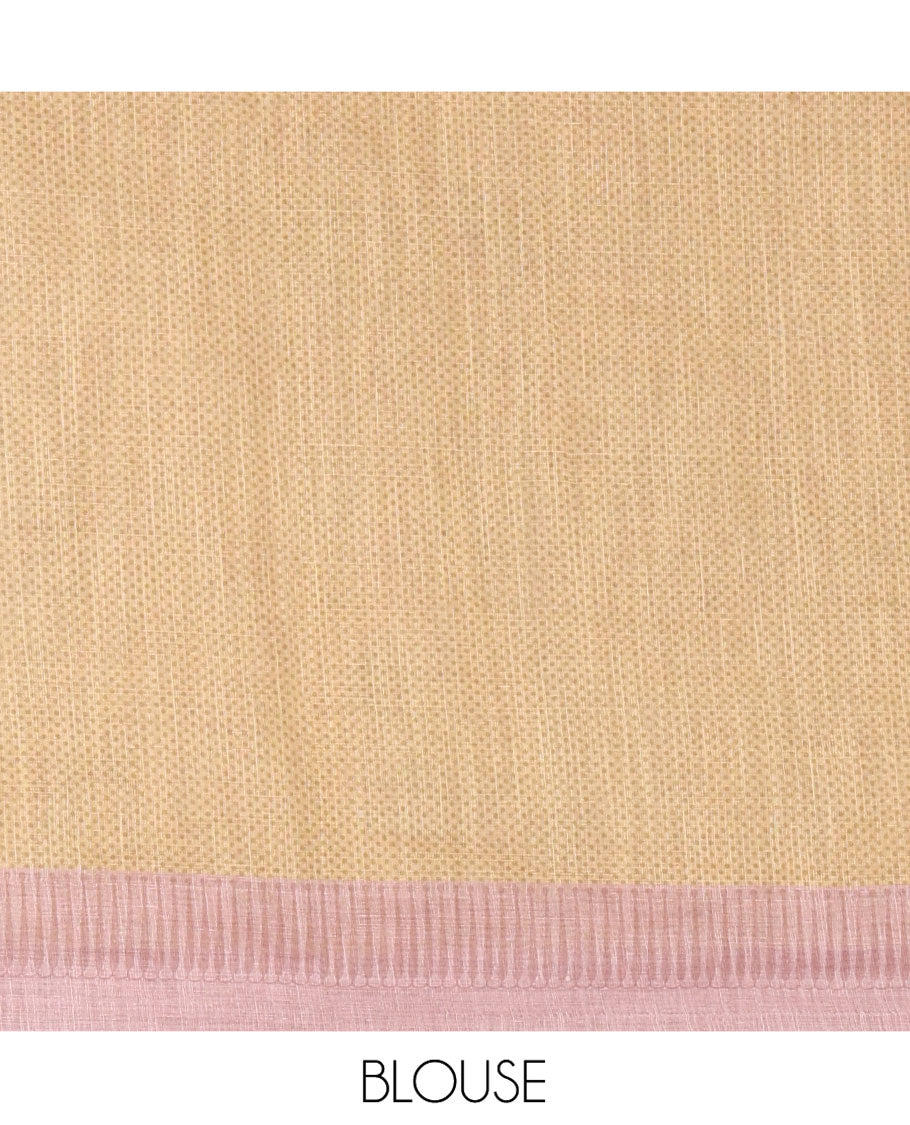 Borderless Cream and Light Brown Linen Cotton Saree, Ornamented with Half-and-Half Style Fish Motifs Printed All Over Its Body, Pallu Mirrors the Same Print, and Is Paired with a Contrast Blouse