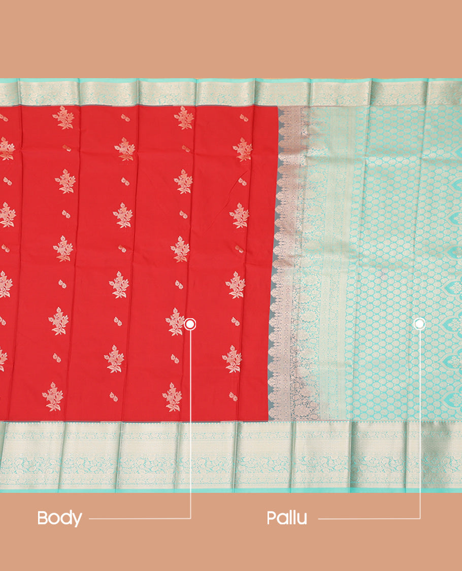 Red Budget Silk Saree, Enthralled with Zari Buttas, Complemented by Contrast Traditional Zari Border, a Grand Pallu and a Contrast Blouse