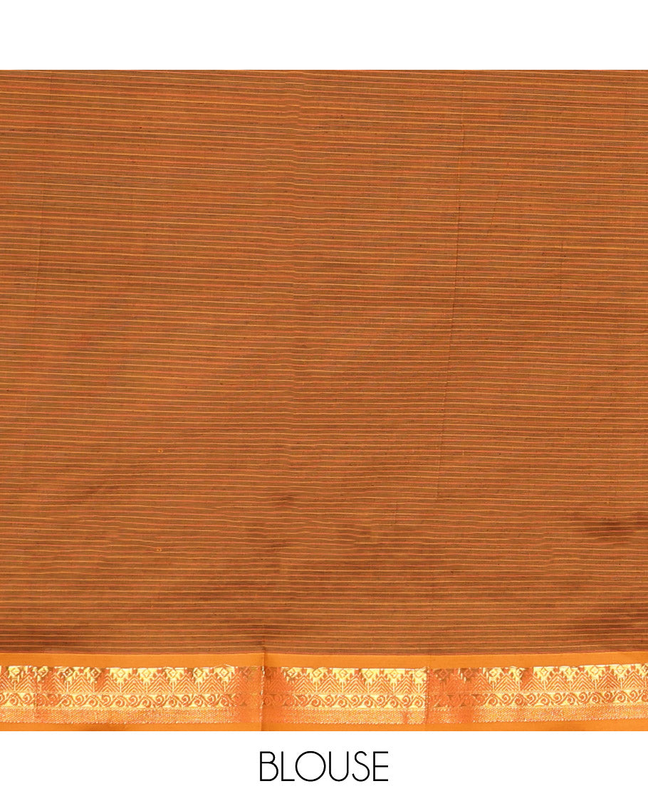 Black Textured Poly Cotton Saree, Complemented by Contrast Traditional Zari Design Border, Pallu of Stripes, and Paired with a Contrast Blouse