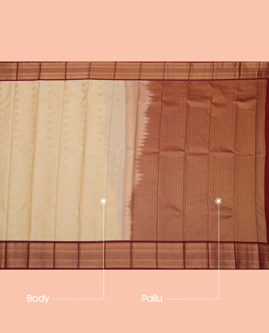 Sandal Budget Silk Saree, Sparsely Woven with Zari Buttas, a Contrast Traditional Zari Border, Intricate Pallu, and a Contrast Blouse