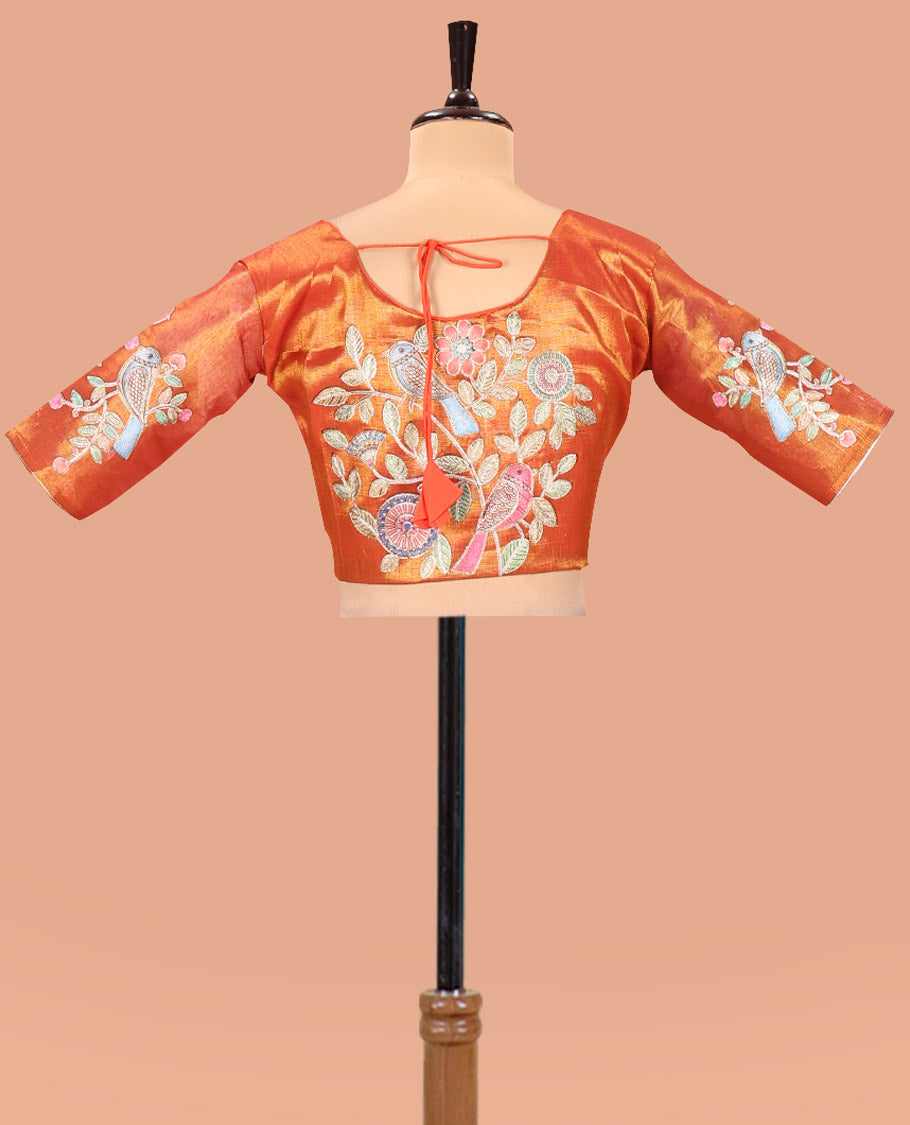 Borderless Red Tissue Saree, Enthralled with Colorful Floral-Bird Motif Printed with Outline Embroidery on Its Body, and Paired with a Readymade Elbow-Sleeve Round-Neck Blouse
