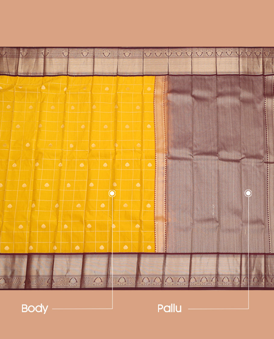 Mustard Budget Silk Saree, Beautifully Bedecked with Zari Butta Enclosed Checks, Complemented by a Contrast Traditional Zari Border, Grand Pallu, and a Contrast Blouse