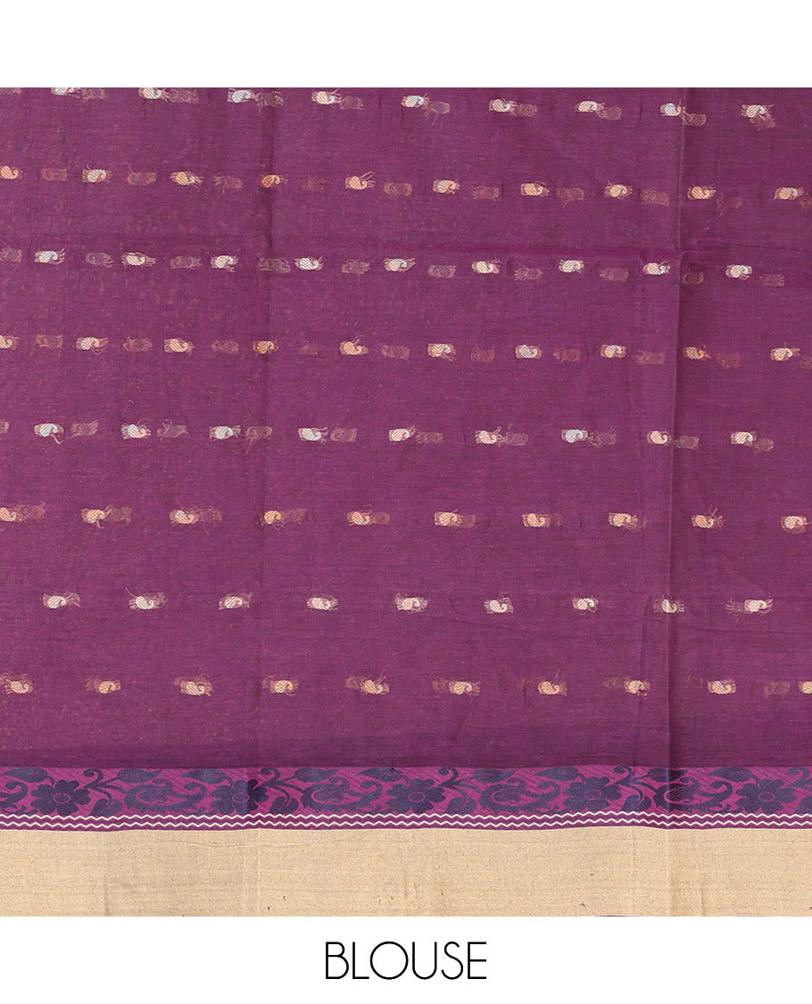 Purple Bengal Cotton Saree, Adorned with Buttas, a Contrast Floral-Paisley Border, Pallu of Stripes and Buttas, and a Matching Blouse