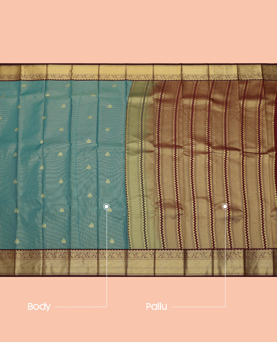 Green Budget Silk Saree, Detailed with Zari Buttas and Checks, Complemented by a Contrast Traditional Border, Grand Pallu, and a Contrast Blouse