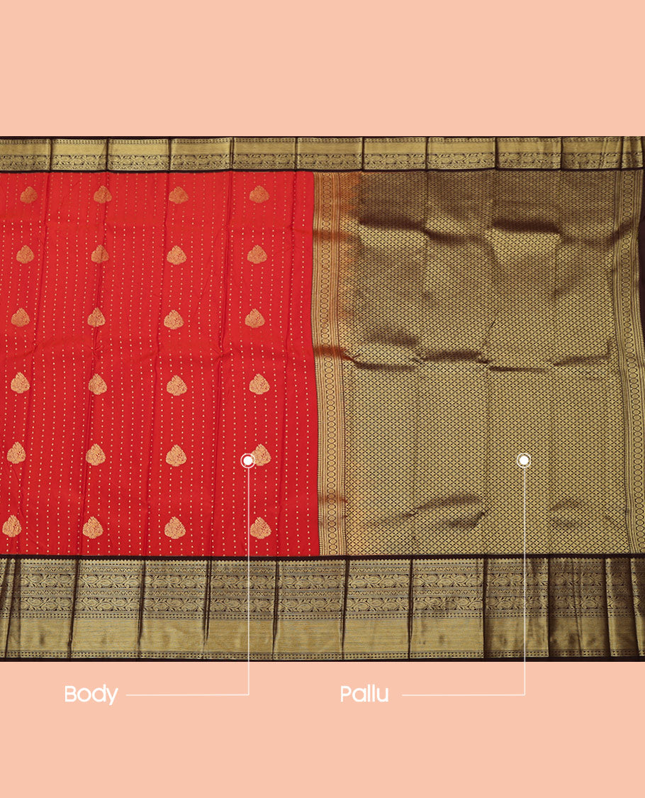 Red Budget Silk Saree, Steeped in Richness of Zari Buttas All Over Its Body, Complemented by a Contrast Traditional Zari Design Border, Grand Jaal Pallu, and Paired with a Contrast Blouse