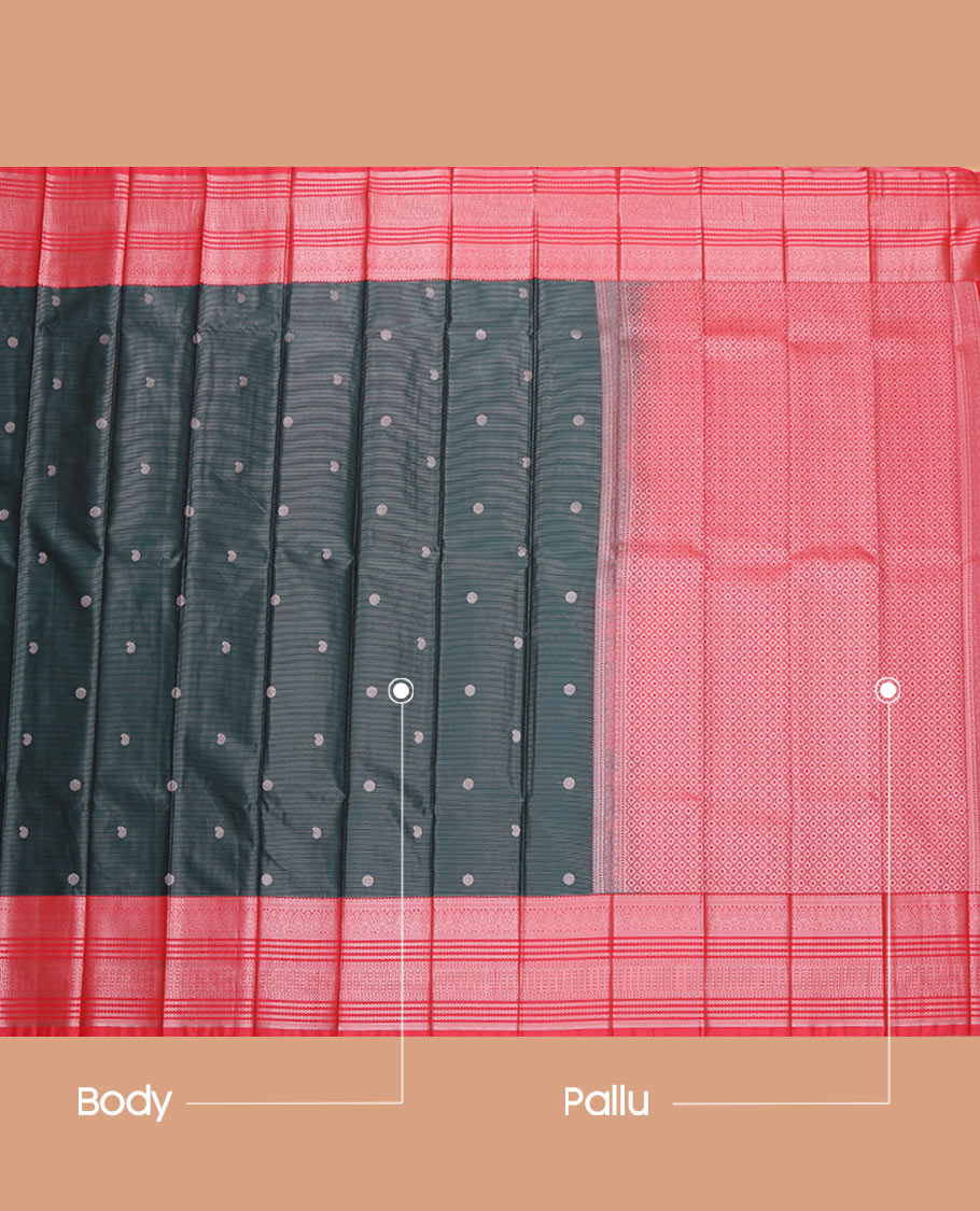 Dark Green Budget Silk Saree, Featuring Zari Buttas and Stripes All Over Its Body, Complemented by a Contrast Traditional Zari Design Border, Grand Jaal Pallu, and Paired with a Contrast Blouse