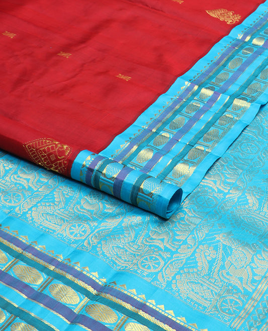 Red zari buttas kanchipuram silksaree, contrast one-sided korvai border of rekku,muthu,banaras & rudraksham & horse chariot design pallu