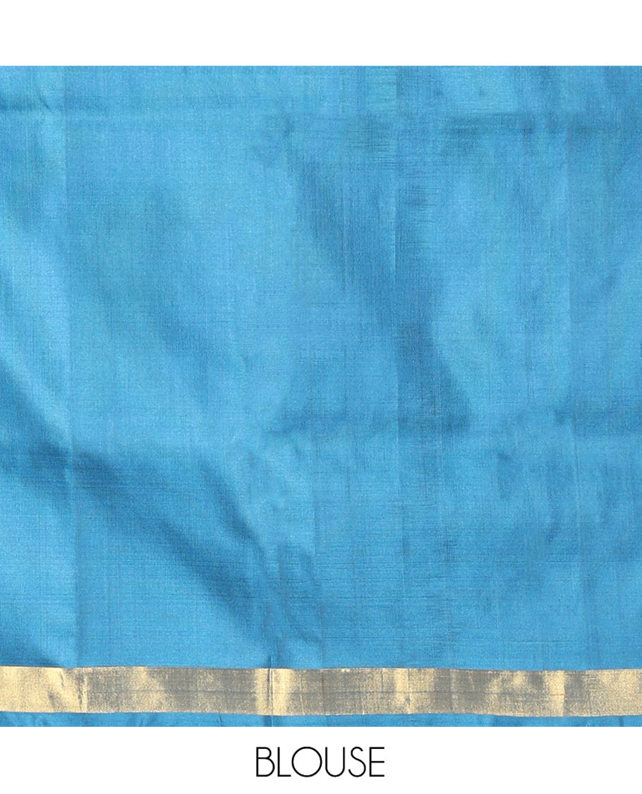 Blue Uppada Silk Saree, Elevated with Meena Flora-Fauna Designs, a Zari Border, and a Plain Blouse