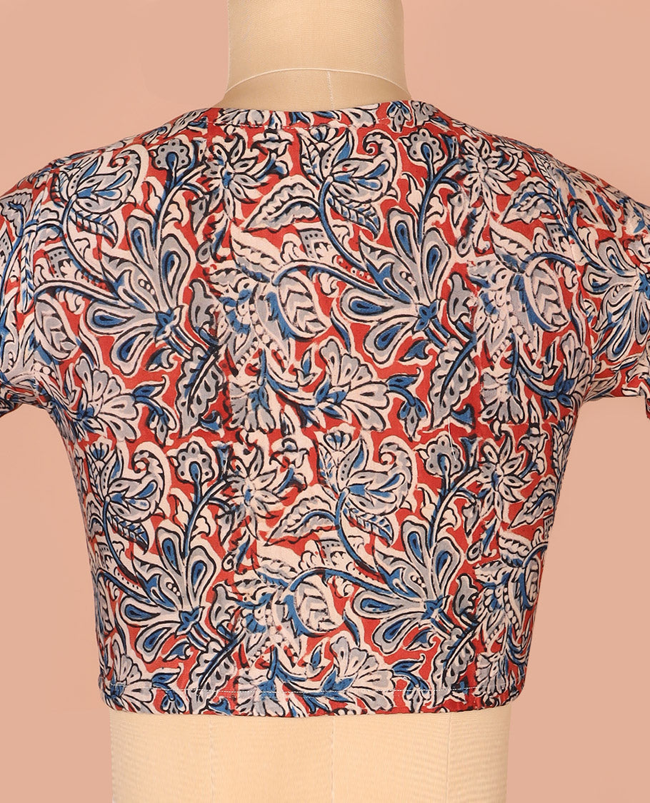 Red Readymade Blouse Detailed with Floral Vine Print, Featuring Front Round Neck, Back Round Neck, and Elbow Sleeves