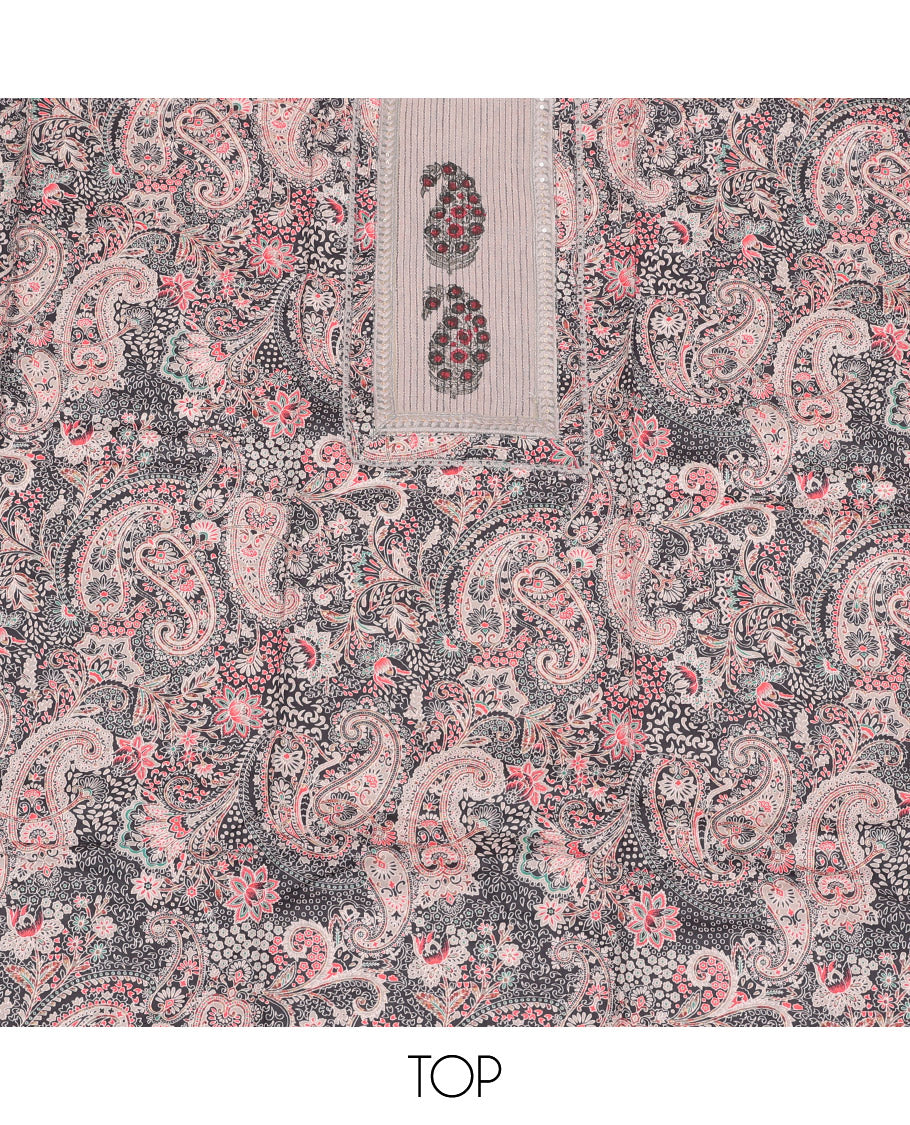 Grey Cotton Material Churidar Set, Majestically Printed with Paisleys and Neck Work Top, Polka Print Bottom, and Print-Embroidered Dupatta