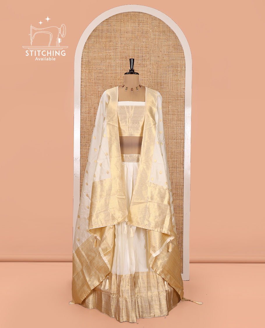 Cream Semi-Banarasi Half-Saree Featuring Plain Skirt, Traditional Zari Border, Matching Blouse, Zari Buttas Dhavani