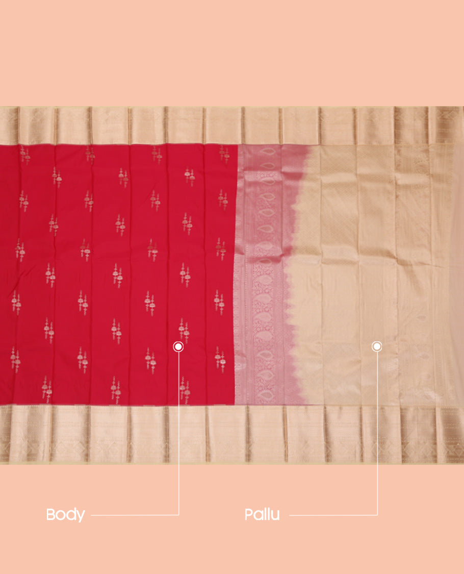 Red Budget Silk Saree, Finely Crafted with Zari Buttas, Complemented by a Contrast Traditional Zari Border, Grand Pallu, and a Contrast Blouse