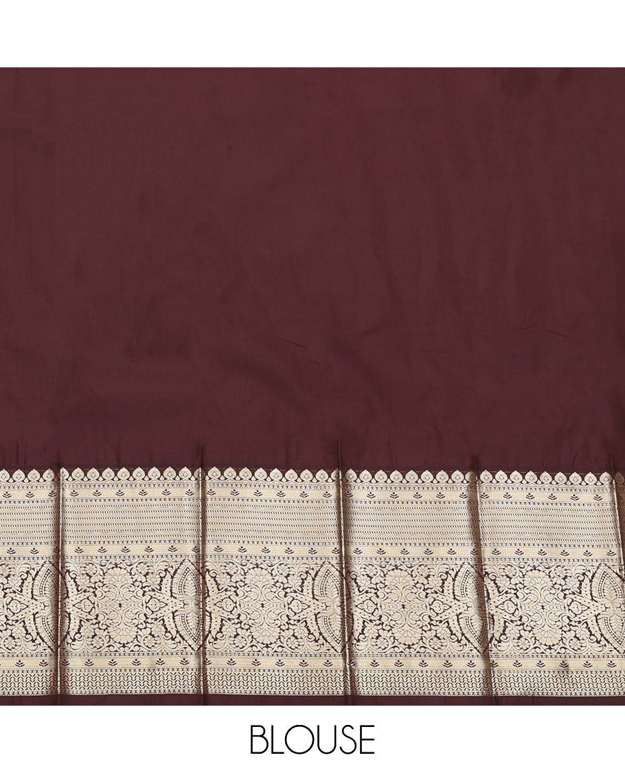 Red Budget Silk Saree, Spotlighted with Zari Buttas, Complemented by a Contrast Traditional Zari Border, Grand Pallu, and Contrast Blouse