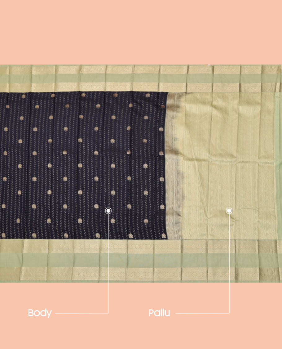 Navy Budget Silk Saree, Detailed with Zari Buttas, Complemented by a Contrast Traditional Zari Rettai Pettu Border, Geometric Pallu, and a Contrast Blouse