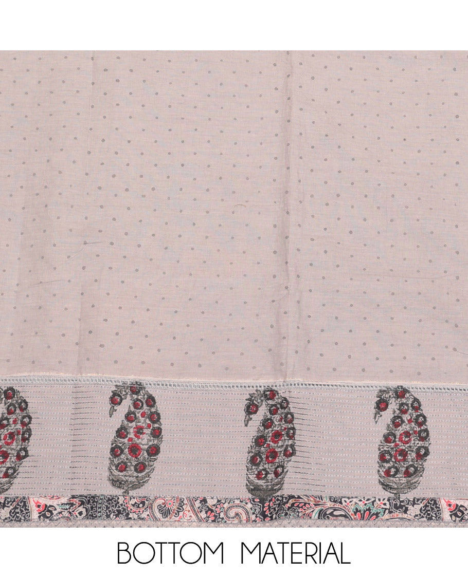 Grey Cotton Material Churidar Set, Majestically Printed with Paisleys and Neck Work Top, Polka Print Bottom, and Print-Embroidered Dupatta