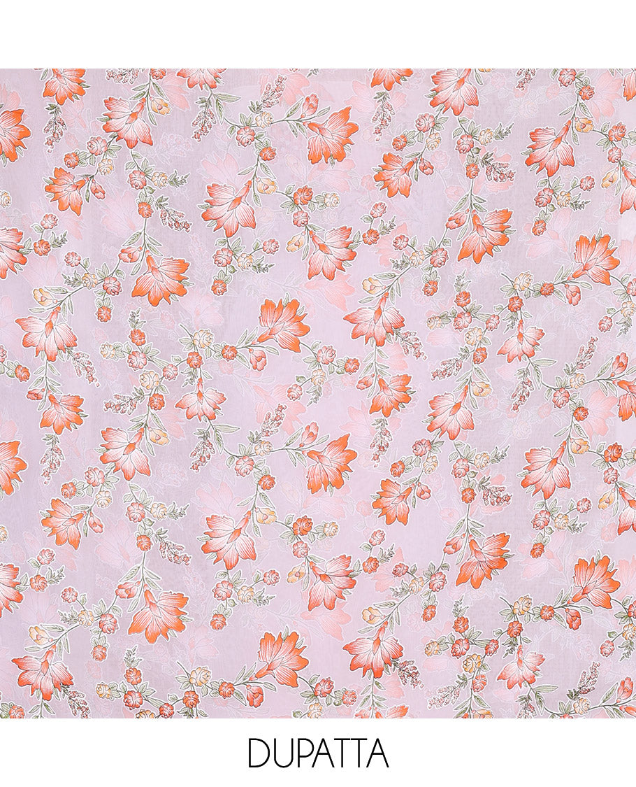 White-orange material chudidar set, floral vine printed with orginal mirror work Vichitra silk top, a matching bottom, and a floral vine printed georgette dupatta