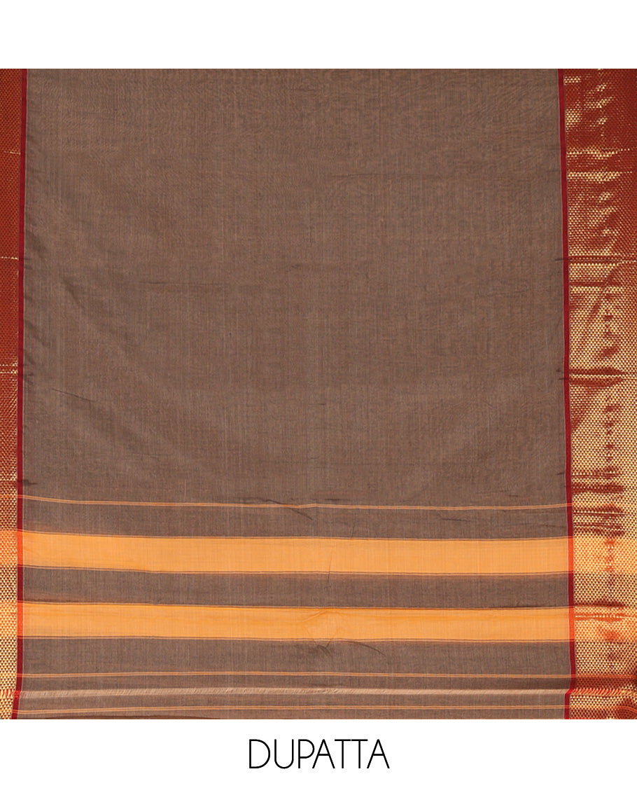 Brown Mercerised Cotton Material Churidar Set, Subtly Made with Plain and Traditional Ara Maadam Bordered Top, Comes with a Plain Mercerised Cotton Bottom, and Is Paired with a Mercerised Cotton Ara Maadam Woven Dupatta