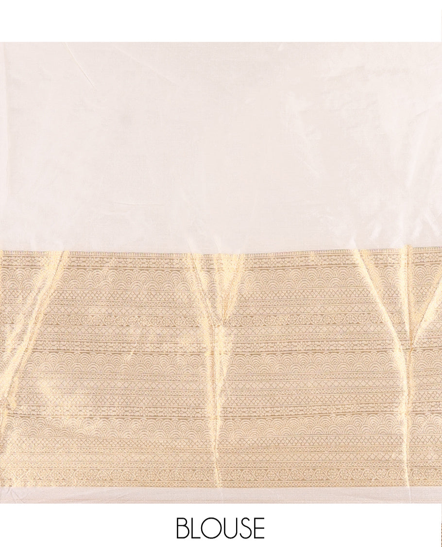 Cream Semi-Banarasi Half-Saree Featuring Plain Skirt, Traditional Zari Border, Matching Blouse, Zari Buttas Dhavani