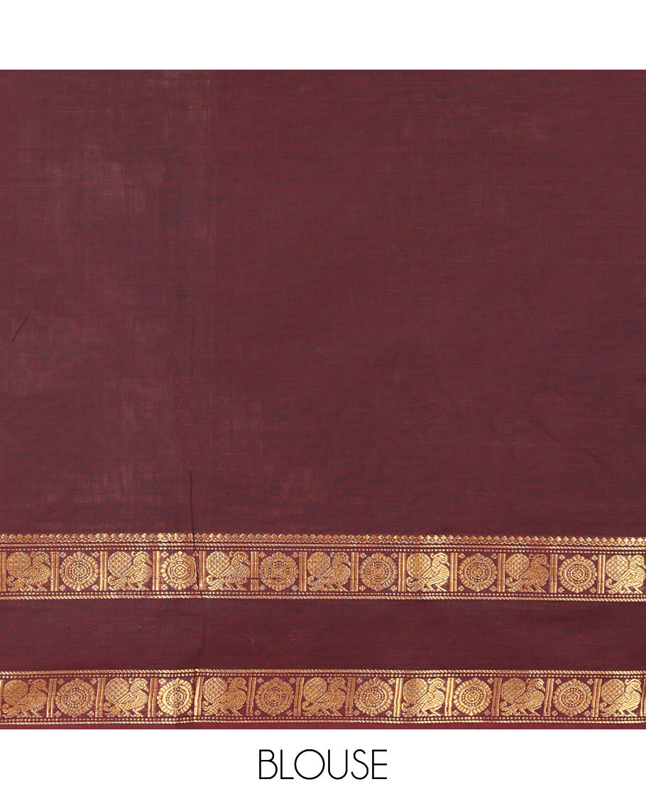 Maroon Plain Chettinad Cotton Saree, Highlighted by Rettai Pettu Peacock-Chakram Border, Striped Pallu, and a Matching Blouse