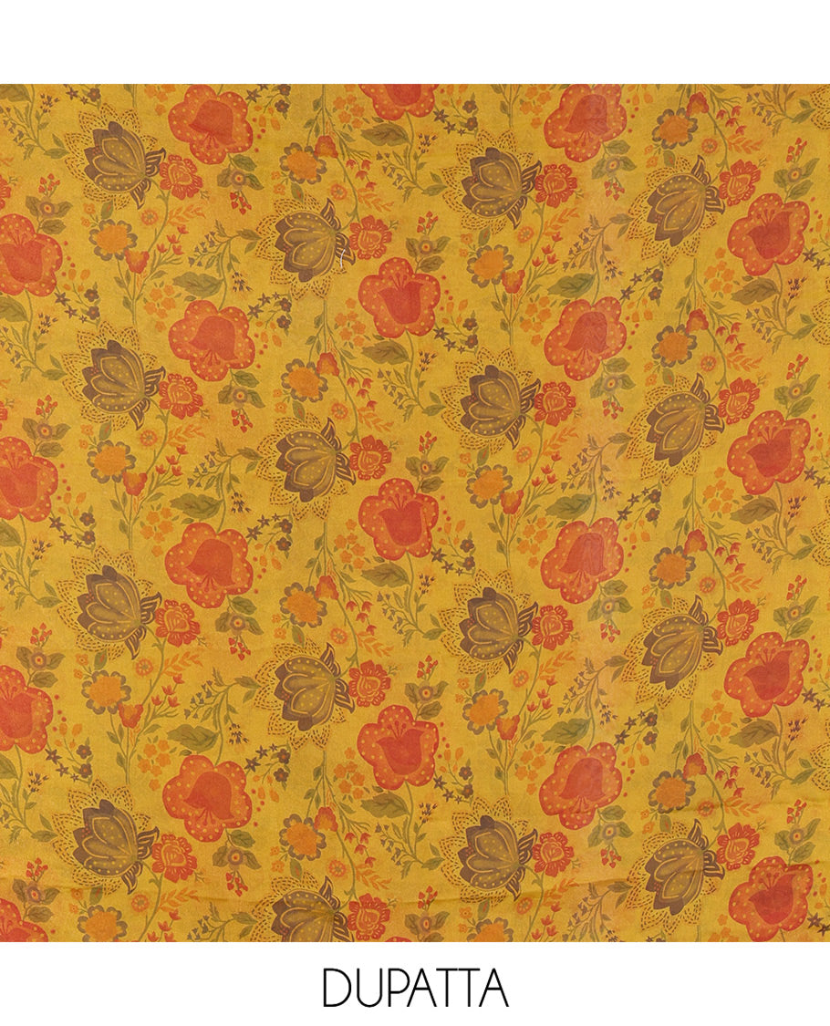 Yellow Moss Organza Material Chudidar Set, Finely Crafted with Stonework Top, a Plain Bottom, and Floral Printed Scallop-Stonework Bordered Dupatta