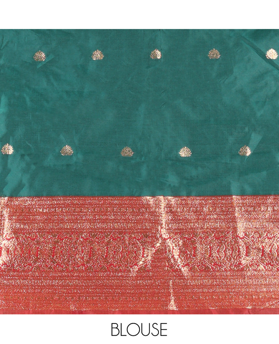 Dark Green and Red Semi-Banarasi Half-Saree, Adorned with Zari Buttas on Its Skirt, Complemented by a Contrast Traditional Zari Design Woven Border, Paired with a Matching Blouse, and a Contrast Satin Georgette Embroidered Scallop Dhavani