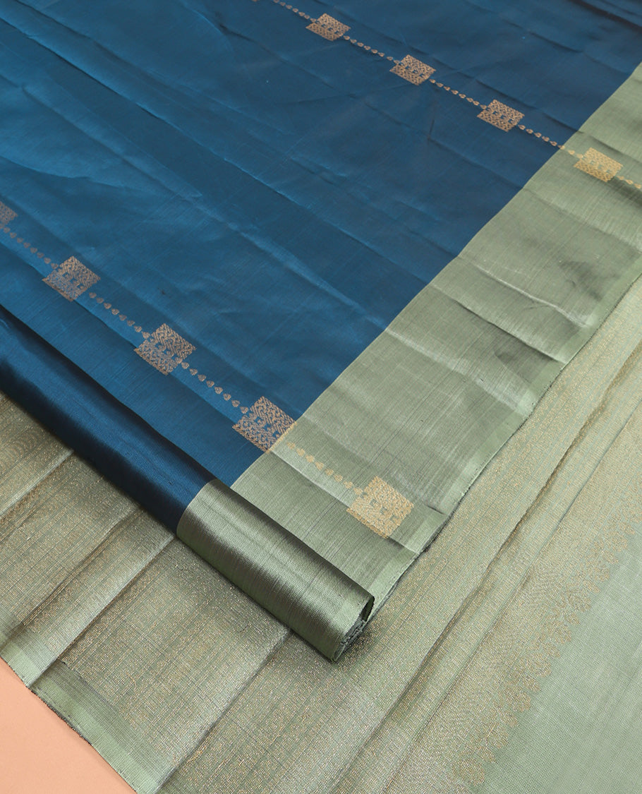 Peacock Blue Mayuri Lite Silk Mix Saree, Woven with Zari Buttas, Complemented by a Contrast Border, Sparsely Threaded Pallu, and a Contrast Blouse