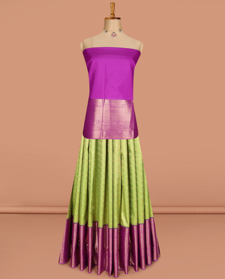 Green pure silk half-saree, jacquard with contrast traditional zari bordered skirt, contrast zari design blouse, and zari design dhavani