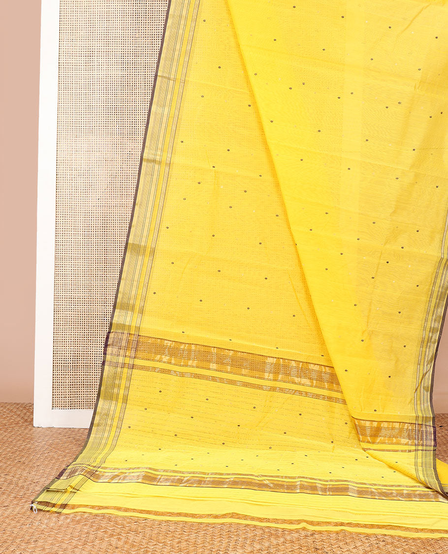Yellow floral design chanderi cotton saree with self zari border & striped, floral design pallu