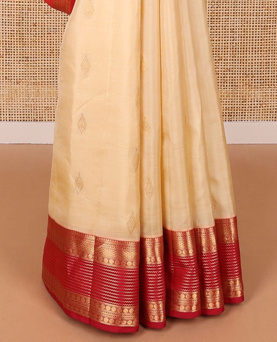 Cream leaf buttas vasundhara elite silk saree with contrast traditional zari design border & geometric design pallu