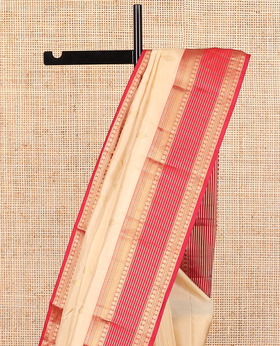 Cream leaf buttas vasundhara elite silk saree with contrast traditional zari design border & geometric design pallu
