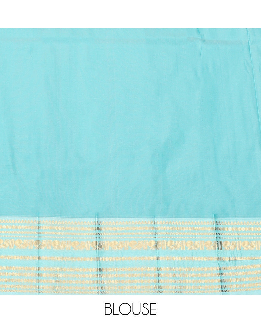 Blue Budget Silk Saree, Gleamed up with Zari Buttas All Over Its Body, Complemented by Contrast Traditional Zari Designs Woven Border, Gleaming Zari Woven Pallu and Paired with a Contrast Blouse