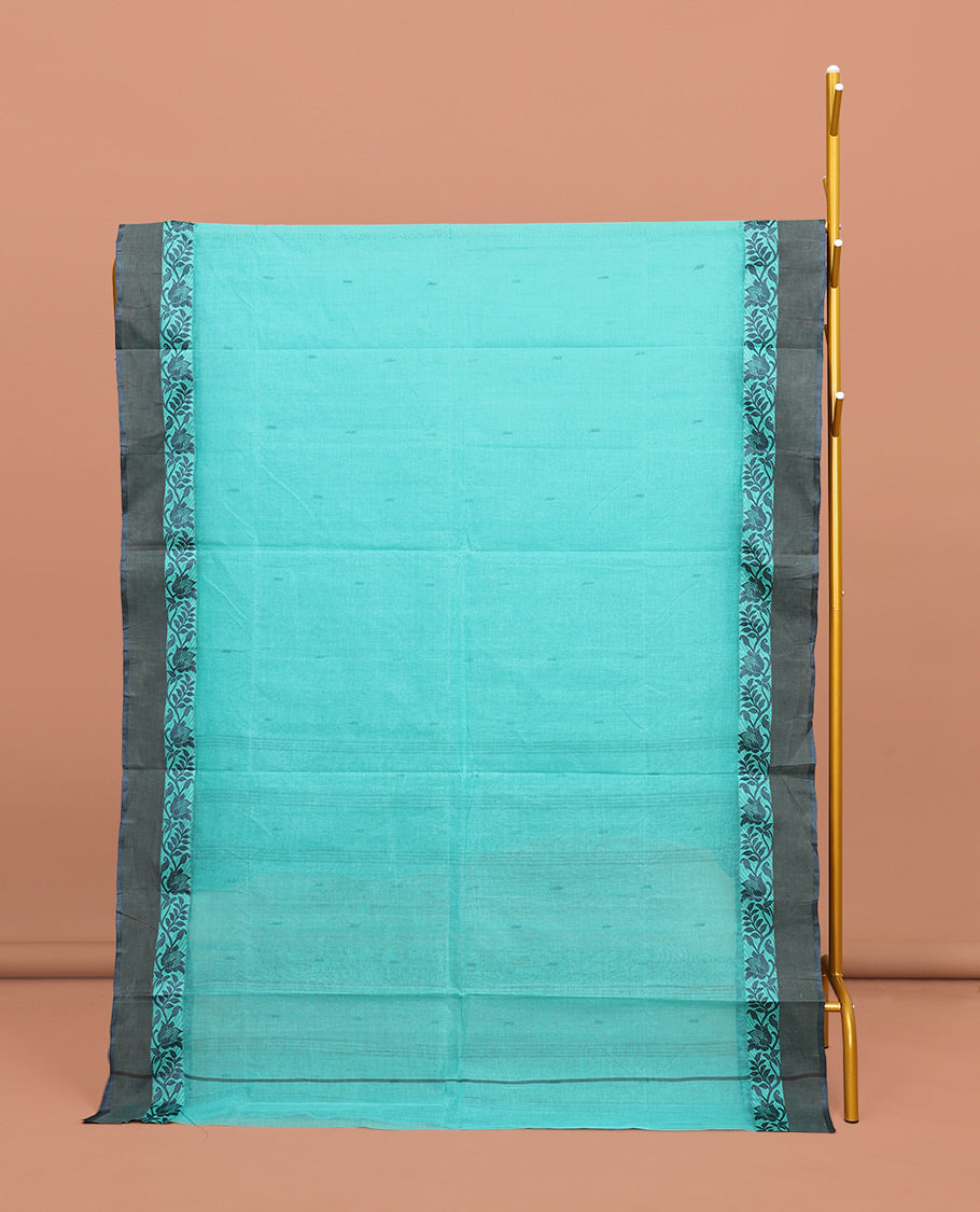 Blue Bengal Cotton Saree, Accentuated with Buttas All Over Its Body, Complemented by a Contrast Floral Creeper Design Border, Pallu of Buttas and Stripes, and Paired with a Matching Blouse