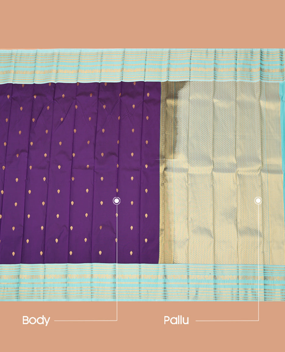 Blue Budget Silk Saree, Gleamed up with Zari Buttas All Over Its Body, Complemented by Contrast Traditional Zari Designs Woven Border, Gleaming Zari Woven Pallu and Paired with a Contrast Blouse