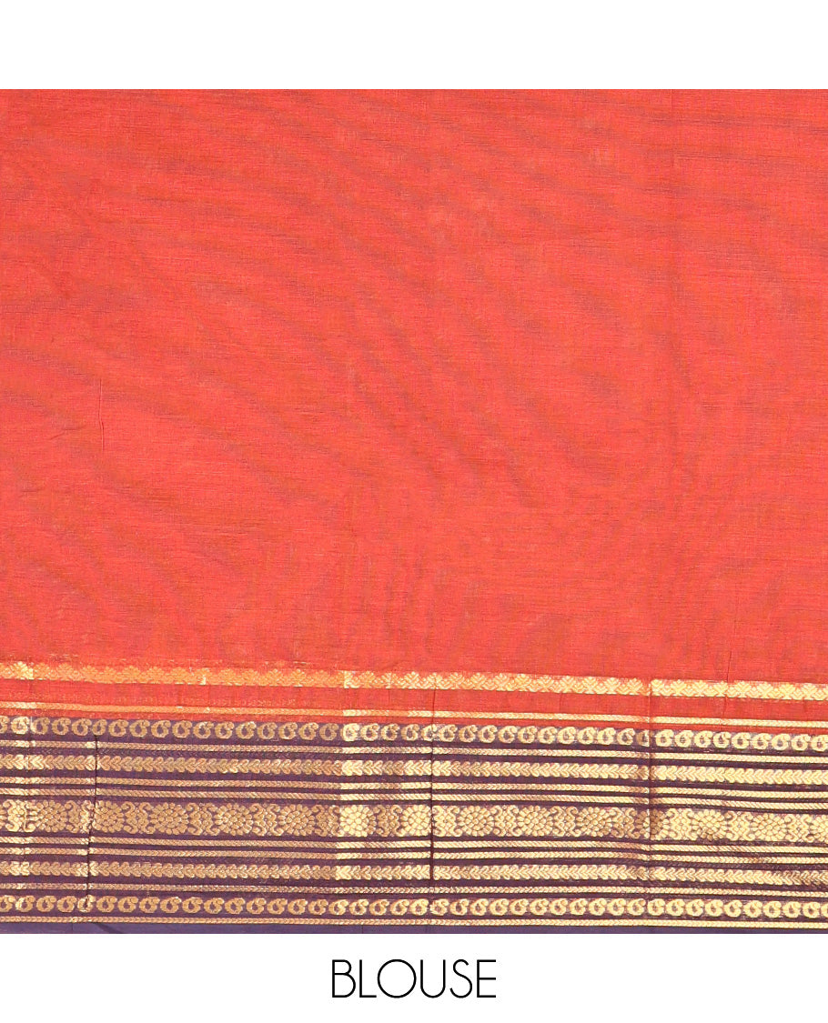 Rust Plain Chettinad Cotton Saree, Complemented by a Contrasting Traditional Zari Design Border, Subtly Striped Pallu, and Paired with a Matching Blouse