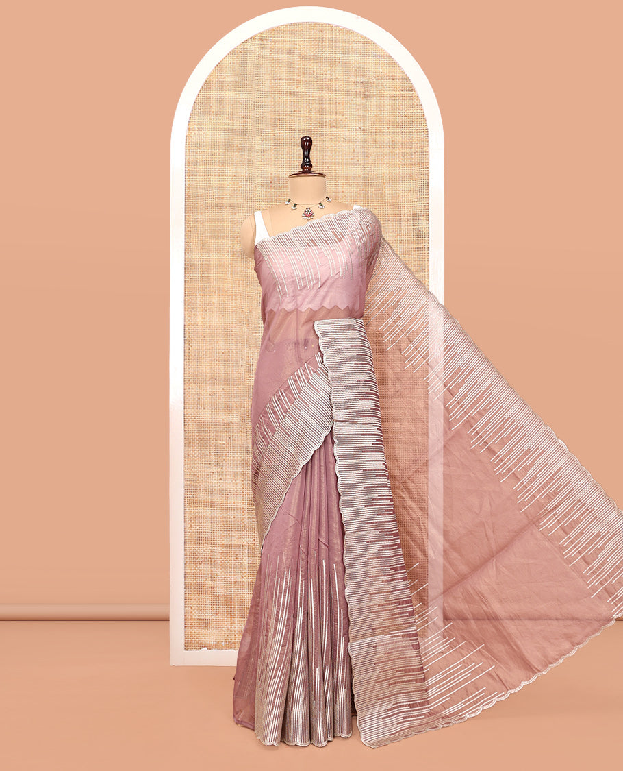Pink Plain Organza Saree, a Scallop Vines Embroidered Border, and a Matching Blouse