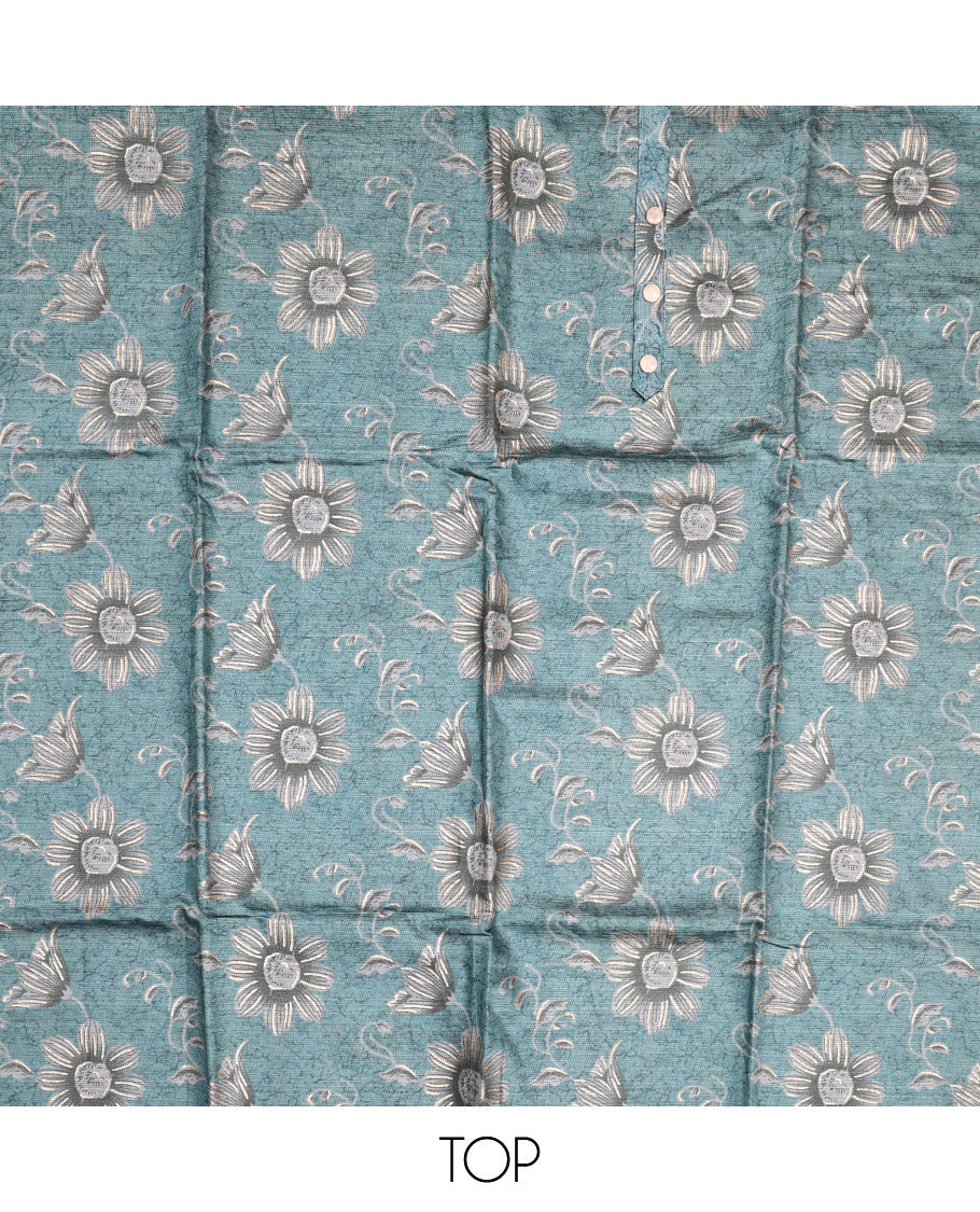 Blue Material Chudidar Set, Beautified with Floral Abstract Print and Neck Embroidery on Cotton Top, a Contrast Plain Cotton Bottom, and Paired with a Plain Dupatta