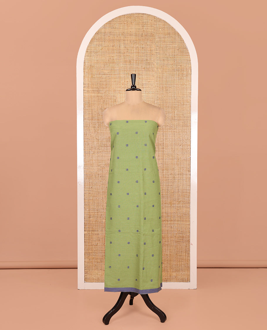 Green Handloom Cotton Material Chudidar, Buttas Woven Top, a Plain Bottom, and Contrast Dupatta
