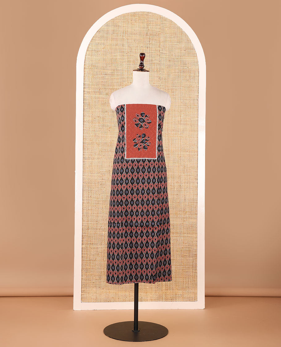 Black material chudidar set,ajrakh print & neck hakoba embroidery soft cotton top,plain cotton bottom & contrast ajrakh patchwork kota dupatta