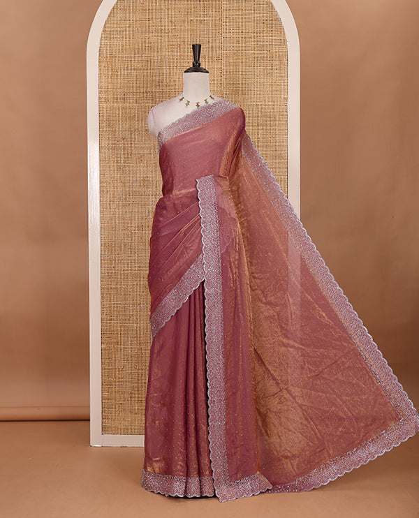 Lavender Swarovski crystal stone embedded fendy chiffon saree, scallop Swarovski stone embroidered border, and contrast plain blouse