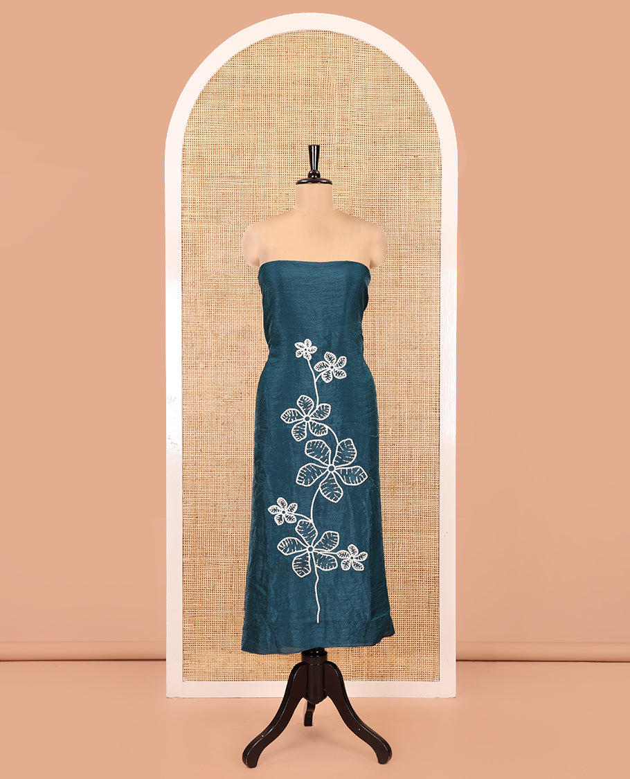 Peacock Blue Material Chudidar Set, Delicately Woven with Floral Thread Embroidered Mul Chanderi Top, a Mul Chanderi Bottom, Paired with Floral Thread-Embroidered Mul Chanderi Dupatta