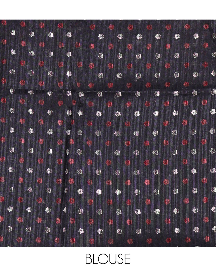 Navy Blue Plain Green-Silk Linen Cotton Saree, Highlighted by Jamdani-Style Floral Vine Printed Border, Pallu of Jamdani Floral Print, and Paired with a Matching Printed Blouse