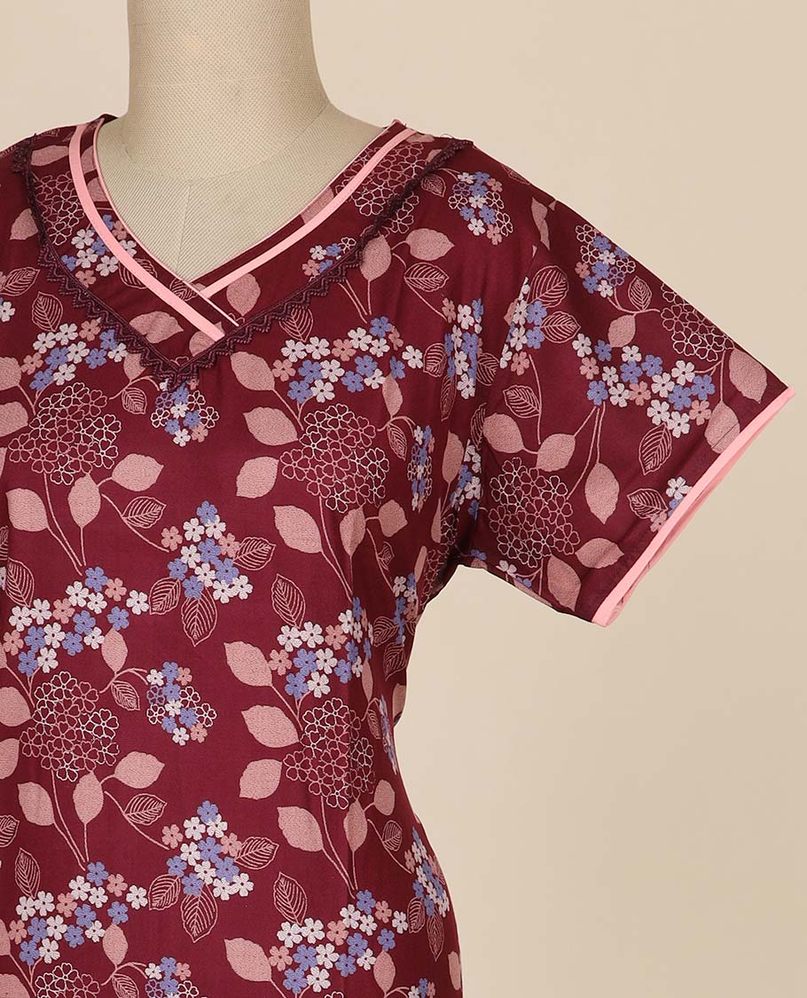Maroon floral printed & v neck cotton half-sleeve nighty