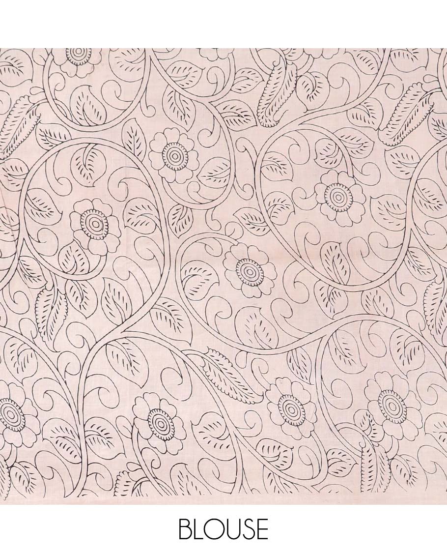Black pichwai style design machine-printed kalamkari cotton saree with contrast pichwai design border & floral, peacock design pallu