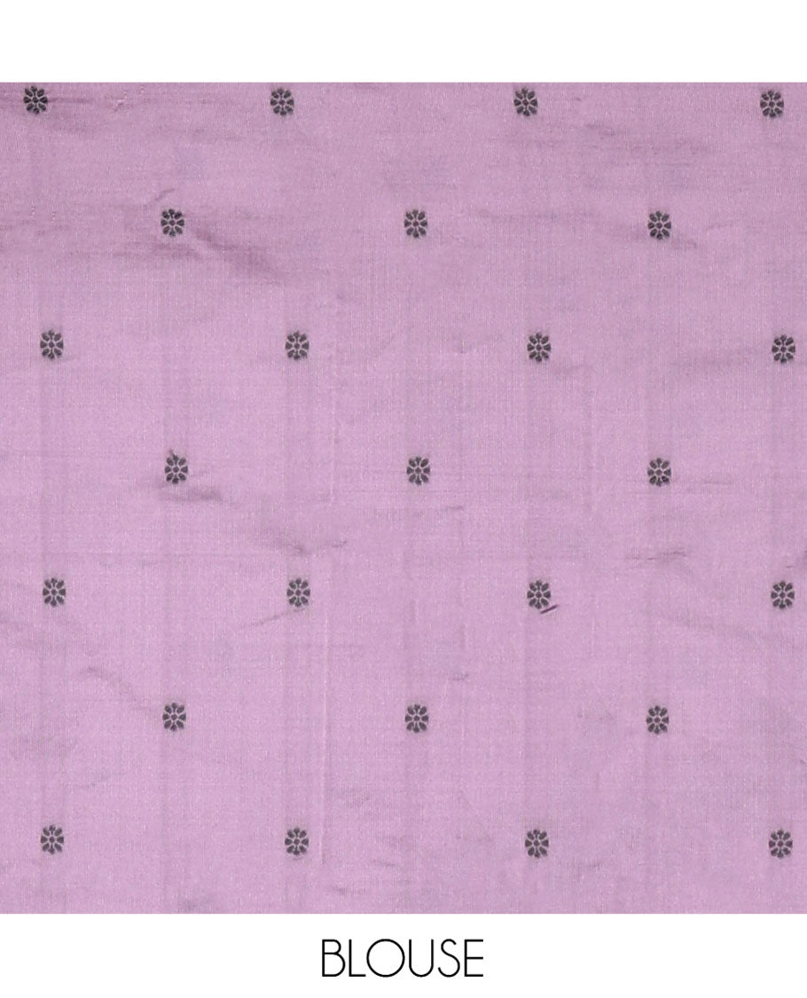 Lavender Kanchi Silk Saree, Adorned with Temple Buttas All Over Its Body, Subtly Sparkled With Floral Design Border, Pallu of Paisleys Design, and Paired with a Matching Blouse
