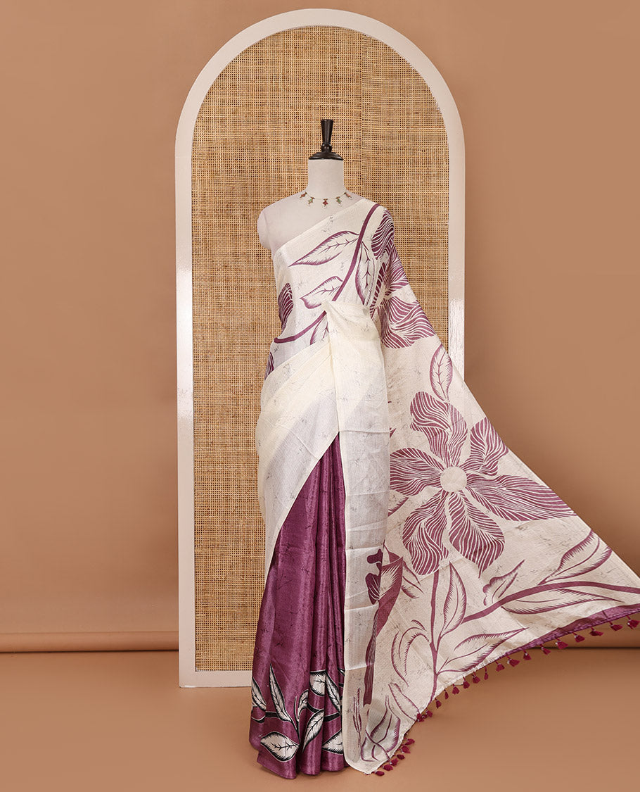 Borderless cream-lavender batik-style floral printed khadi cotton saree, printed pallu & printed blouse